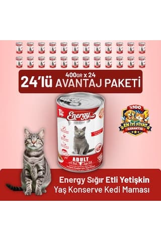 Energy Sığır Etli Yetişkin Yaş Kedi Maması 400 G - 24 Adet