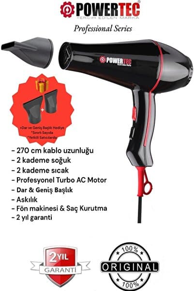 TR-601 (2500 W) Turbo Professional Series Fön Makinesi & Saç Kurutma 2.7m Uzun Kablolu Yeni Versiyon