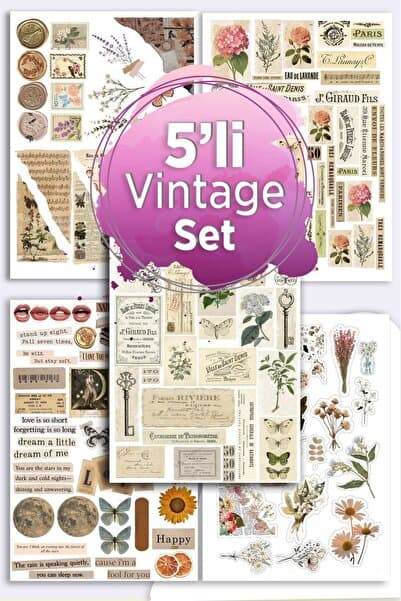 5'li Vintage Sticker Planner Ajanda Bullet Journal Için Uygun Set