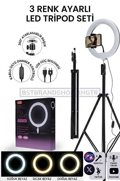 10"inç Ring Light Youtuber Tiktok Çekim Işıklı Telefon Tutucu Influencer Makyaj Işığı 2.10 m Tripod