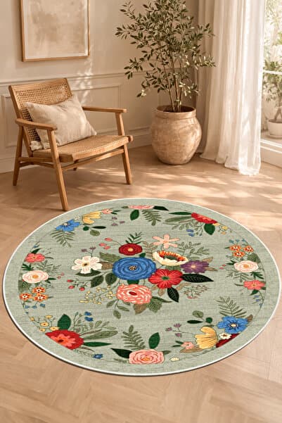 Dijital Kaymaz Yıkanabilir Renkli Vintage Yuvarlak Salon Halısı Çocuk Halısı
