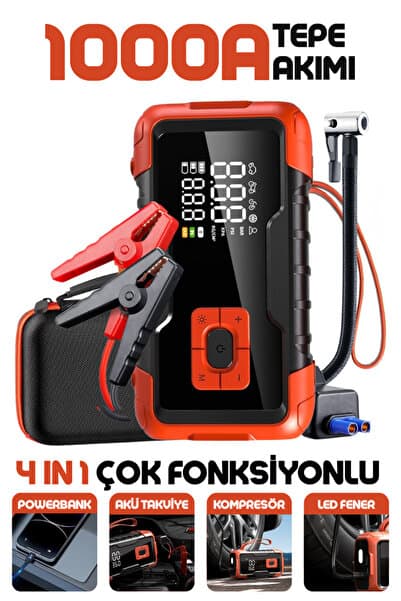 Şarjlı Akü Takviye Cihazı Auhma Powerbank Özellikli Acil Durum Ateşleyici + Kompresör