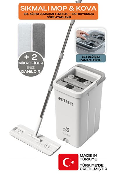 Paspas Mop Temizlik Seti M, Bez Değişim Zamanlayıcılı, 10 L Kova, Mikrofiber Bezli, Kolay Sıkmalı