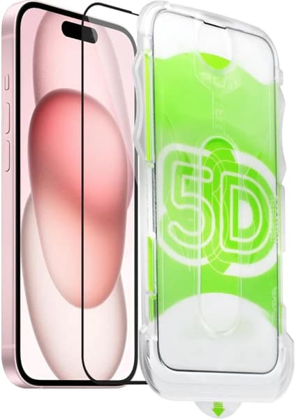 Apple iPhone 15/14 Pro/16 Kolay Uygulama Aparatlı Siyah Çerçeveli Tam Kapatan Kırılmaz Cam Ekran Koruyucu